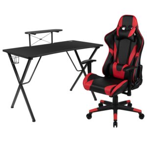 Set yourself up to put on a performance at your new gaming computer desk set with racing gaming chair. This gaming desk and chair set will put you ahead of the game world with its ultra-comfortable headrest and lumbar pillows that can be adjusted or removed. With a reclining office chair that reclines 87° ~ 145° with a pull of a lever you're positioned to take down any opponent. If you're on the market to upgrade your old desk and chair set or you've gotten into gaming more and need gaming furniture then this gamers bundle offers the perfect combination at an unbeatable price. The black gamers table has a removable monitor platform to reduce neck strain and a grommet for cable management. Always know where your headset is with the included headrest hook while you keep your desktop and pc gaming keyboard clear of accidental spills by placing hot and cold beverages in the cup holder. Your online followers will know that you're serious when they see you in your reclining gaming chair with adjustable pillows.