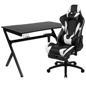 and this chair includes adjustable and removable headrest and lumbar pillows. For maximum support this office chair with footrest engages by pulling the loop then flipping the footrest up to elevate your feet and has a separate lever to recline the back 87° ~ 145°. Upgrade your gaming furniture with this desk and chair bundle that offers the perfect combination at an unbeatable price. This PC gaming desk has a spacious