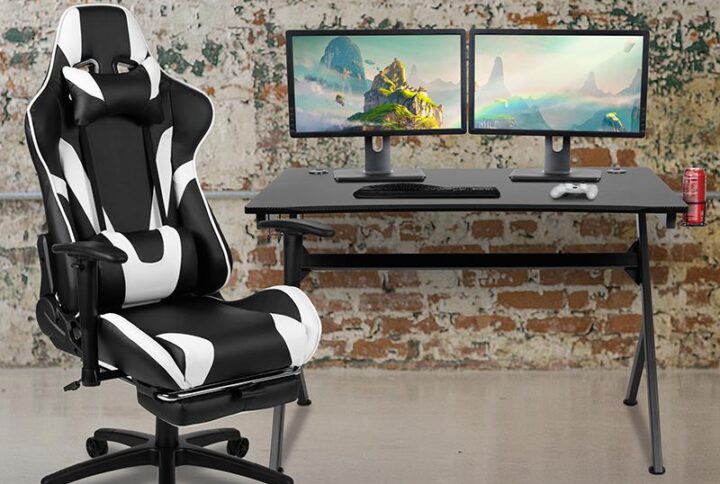 You're going to enjoy playing on this high-performance racing gaming chair with slide-out footrest. This modern gaming chair is paired with an ergonomic gaming desk. If you sit for hours in an office chair you need a gaming chair that is comfortable