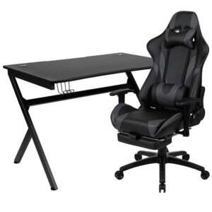 and this chair includes adjustable and removable headrest and lumbar pillows. For maximum support this office chair with footrest engages by pulling the loop then flipping the footrest up to elevate your feet and has a separate lever to recline the back 87° ~ 145°. Upgrade your gaming furniture with this desk and chair bundle that offers the perfect combination at an unbeatable price. This PC gaming desk has a spacious