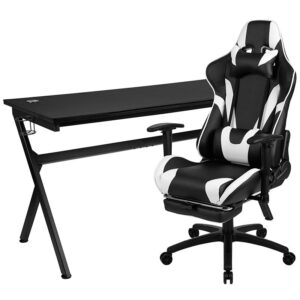 and this chair includes adjustable and removable headrest and lumbar pillows. For maximum support this office chair with footrest engages by pulling the loop then flipping the footrest up to elevate your feet and has a separate lever to recline the back 87° ~ 145°. Upgrade your gaming furniture with this extra large desk and chair bundle that offers the perfect combination at an unbeatable price. The black top gamers table features a removable mouse pad top