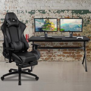 You're going to enjoy playing on this high-performance racing gaming chair with slide-out footrest. This modern gaming chair is paired with an ergonomic gaming desk. If you sit for hours in an office chair you need a gaming chair that is comfortable