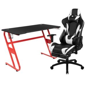 You're going to enjoy playing on this high-performance racing gaming chair with slide-out footrest. This modern gaming chair is paired with an equally modern red-z-framed gaming desk to get in all your essential playtime. If you sit for hours in an office chair you need a gaming chair that is comfortable