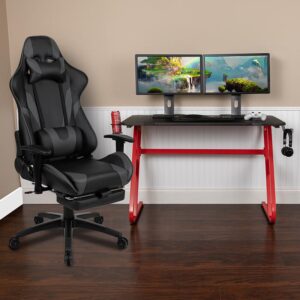 You're going to enjoy playing on this high-performance racing gaming chair with slide-out footrest. This modern gaming chair is paired with an equally modern red-z-framed gaming desk to get in all your essential playtime. If you sit for hours in an office chair you need a gaming chair that is comfortable