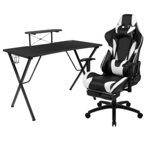 You're going to enjoy playing on this high-performance racing gaming chair with slide-out footrest. This modern gaming chair is paired with an ergonomic gaming desk that has a raised platform to reduce neck strain. If you sit for hours in an office chair you need a gaming chair that is comfortable