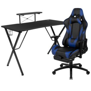 and this chair includes adjustable and removable headrest and lumbar pillows. For maximum support this office chair with footrest engages by pulling the loop then flipping the footrest up to elevate your feet and has a separate lever to recline the back 87° ~ 145°. Upgrade your gaming furniture with this desk and chair bundle that offers the perfect combination at an unbeatable price. The black top gamers table can hold up to two monitors and has two grommets for cable management. Always know where your headset is with the included headrest hook while you keep your desktop and pc gaming keyboard clear of accidental spills by placing hot and cold beverages in the cup holder. Your online followers will know that you're serious when they see you in your reclining gaming chair with footrest.