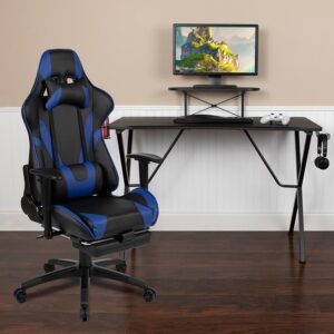 You're going to enjoy playing on this high-performance racing gaming chair with slide-out footrest. This modern gaming chair is paired with an ergonomic gaming desk that has a raised platform to reduce neck strain. If you sit for hours in an office chair you need a gaming chair that is comfortable