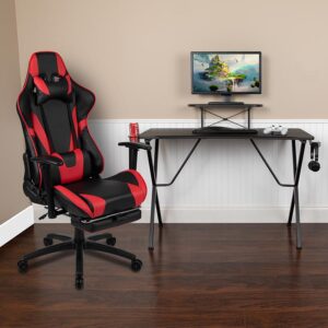 and this chair includes adjustable and removable headrest and lumbar pillows. For maximum support this office chair with footrest engages by pulling the loop then flipping the footrest up to elevate your feet and has a separate lever to recline the back 87° ~ 145°. Upgrade your gaming furniture with this desk and chair bundle that offers the perfect combination at an unbeatable price. The black top gamers table can hold up to two monitors and has two grommets for cable management. Always know where your headset is with the included headrest hook while you keep your desktop and pc gaming keyboard clear of accidental spills by placing hot and cold beverages in the cup holder. Your online followers will know that you're serious when they see you in your reclining gaming chair with footrest.