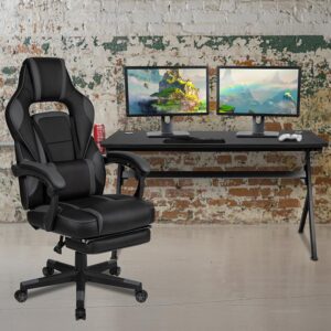 You're going to enjoy playing on this high-performance racing gaming chair with massaging lumbar and slide-out footrest. This modern gaming chair is paired with an ergonomic gaming desk. with an adjustable and removable headrest pillow and massaging lumbar pillow. For maximum support this office chair with footrest engages by pulling the loop then flipping the footrest up to elevate your feet and has a separate lever to recline the back 87° ~ 145°. Plug in the 3 foot USB cord to get a relaxing massage from the lumbar pillow. The black top extra large gamers table features a removable mouse pad top