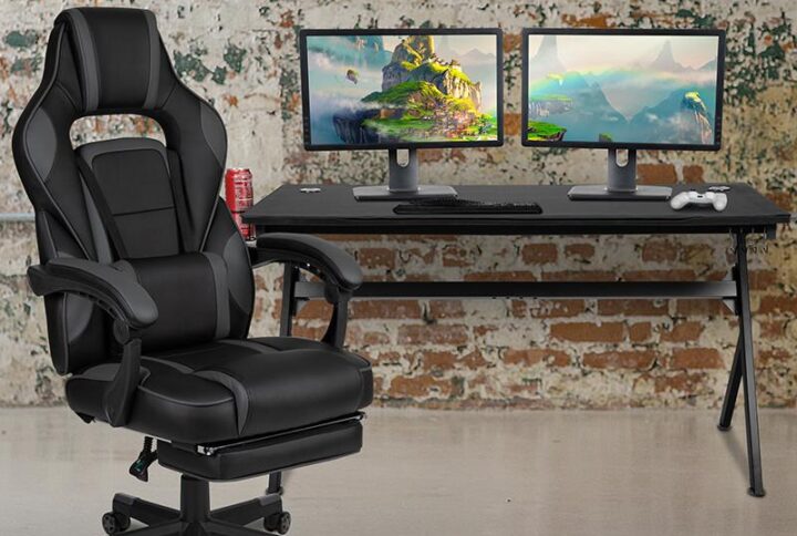 You're going to enjoy playing on this high-performance racing gaming chair with massaging lumbar and slide-out footrest. This modern gaming chair is paired with an ergonomic gaming desk. with an adjustable and removable headrest pillow and massaging lumbar pillow. For maximum support this office chair with footrest engages by pulling the loop then flipping the footrest up to elevate your feet and has a separate lever to recline the back 87° ~ 145°. Plug in the 3 foot USB cord to get a relaxing massage from the lumbar pillow. The black top extra large gamers table features a removable mouse pad top