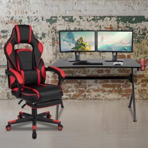 You're going to enjoy playing on this high-performance racing gaming chair with massaging lumbar and slide-out footrest. This modern gaming chair is paired with an ergonomic gaming desk. with an adjustable and removable headrest pillow and massaging lumbar pillow. For maximum support this office chair with footrest engages by pulling the loop then flipping the footrest up to elevate your feet and has a separate lever to recline the back 87° ~ 145°. Plug in the 3 foot USB cord to get a relaxing massage from the lumbar pillow. This PC gaming desk has a spacious