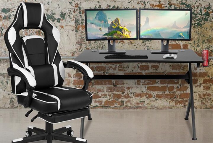 You're going to enjoy playing on this high-performance racing gaming chair with massaging lumbar and slide-out footrest. This modern gaming chair is paired with an ergonomic gaming desk. with an adjustable and removable headrest pillow and massaging lumbar pillow. For maximum support this office chair with footrest engages by pulling the loop then flipping the footrest up to elevate your feet and has a separate lever to recline the back 87° ~ 145°. Plug in the 3 foot USB cord to get a relaxing massage from the lumbar pillow. This PC gaming desk has a spacious