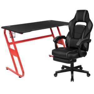 You're going to enjoy playing on this high-performance racing gaming chair with massaging lumbar and slide-out footrest. This modern gaming chair is paired with an equally modern red-z-framed gaming desk to get in all your essential playtime. with an adjustable and removable headrest pillow and massaging lumbar pillow. For maximum support this office chair with footrest engages by pulling the loop then flipping the footrest up to elevate your feet and has a separate lever to recline the back 87° ~ 145°. Plug in the 3 foot USB cord to get a relaxing massage from the lumbar pillow. The black top gamers table can hold up to two monitors and has two grommets for cable management. Always know where your headset is with the included headrest hook while you keep your desktop and pc gaming keyboard clear of accidental spills by placing hot and cold beverages in the cup holder. Your online followers will know that you're serious when they see you in your reclining gaming chair with footrest.