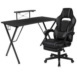 You're going to enjoy playing on this high-performance racing gaming chair with massaging lumbar and slide-out footrest. This modern gaming chair is paired with an ergonomic gaming desk that has a raised platform to reduce neck strain. with an adjustable and removable headrest pillow and massaging lumbar pillow. For maximum support this office chair with footrest engages by pulling the loop then flipping the footrest up to elevate your feet and has a separate lever to recline the back 87° ~ 145°. Plug in the 3 foot USB cord to get a relaxing massage from the lumbar pillow. The black top gamers table can hold up to two monitors and has two grommets for cable management. Always know where your headset is with the included headrest hook while you keep your desktop and pc gaming keyboard clear of accidental spills by placing hot and cold beverages in the cup holder. Your online followers will know that you're serious when they see you in your reclining gaming chair with footrest.