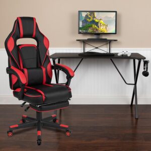 You're going to enjoy playing on this high-performance racing gaming chair with massaging lumbar and slide-out footrest. This modern gaming chair is paired with an ergonomic gaming desk that has a raised platform to reduce neck strain. with an adjustable and removable headrest pillow and massaging lumbar pillow. For maximum support this office chair with footrest engages by pulling the loop then flipping the footrest up to elevate your feet and has a separate lever to recline the back 87° ~ 145°. Plug in the 3 foot USB cord to get a relaxing massage from the lumbar pillow. The black top gamers table can hold up to two monitors and has two grommets for cable management. Always know where your headset is with the included headrest hook while you keep your desktop and pc gaming keyboard clear of accidental spills by placing hot and cold beverages in the cup holder. Your online followers will know that you're serious when they see you in your reclining gaming chair with footrest.