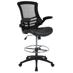 Whether you work from home or go into the office you will be comfortable with the Mid-Back Black Mesh Ergonomic Drafting Chair with LeatherSoft Seat