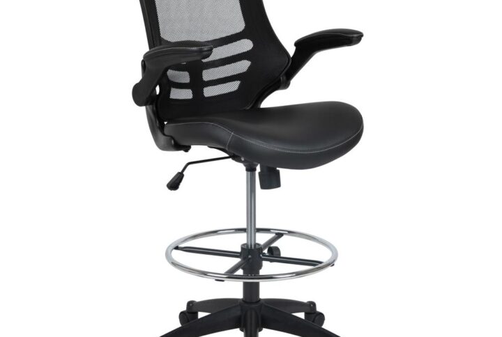 Whether you work from home or go into the office you will be comfortable with the Mid-Back Black Mesh Ergonomic Drafting Chair with LeatherSoft Seat