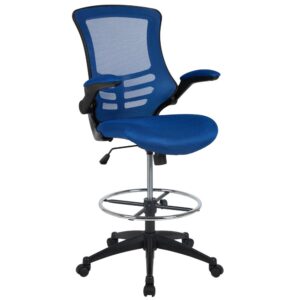 Whether you work from home or go into the office you will be comfortable with the Mid-Back Blue Mesh Ergonomic Drafting Chair with Adjustable Foot Ring and Flip-Up Arms. This tall task chair is the perfect height for sit-to-stand desks