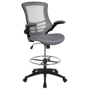 Whether you work from home or go into the office you will be comfortable with the Mid-Back Dark Gray Mesh Ergonomic Drafting Chair with Adjustable Foot Ring and Flip-Up Arms. This tall task chair is the perfect height for sit-to-stand desks