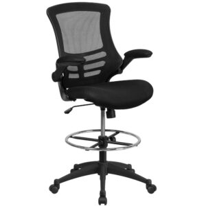 Whether you work from home or go into the office you will be comfortable with the Mid-Back Black Mesh Ergonomic Drafting Chair with Adjustable Foot Ring and Flip-Up Arms. This tall task chair is the perfect height for sit-to-stand desks