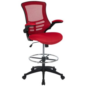 Whether you work from home or go into the office you will be comfortable with the Mid-Back Red Mesh Ergonomic Drafting Chair with Adjustable Foot Ring and Flip-Up Arms. This tall task chair is the perfect height for sit-to-stand desks