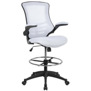 Whether you work from home or go into the office you will be comfortable with the Mid-Back White Mesh Ergonomic Drafting Chair with Adjustable Foot Ring and Flip-Up Arms. This tall task chair is the perfect height for sit-to-stand desks