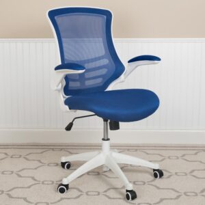 offering up huge airflow. The curved backrest has lower lumbar support to provide you with good posture support. This well-built ergonomic office chair has flip-up arms that provide relief to your shoulders and neck but is also great for users who prefer an armless design. The arms flip out of your way when you want to roll your chair underneath the desk and not have to adjust the seat height. Adjusting the seat height is easy with the pneumatic lever. Turn the tilt tension adjustment knob underneath the seat to increase or decrease the amount of force needed to rock or recline. Whether meeting deadlines