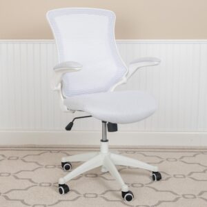offering up huge airflow. The curved backrest has lower lumbar support to provide you with good posture support. This well-built ergonomic office chair has flip-up arms that provide relief to your shoulders and neck but is also great for users who prefer an armless design. The arms flip out of your way when you want to roll your chair underneath the desk and not have to adjust the seat height. Adjusting the seat height is easy with the pneumatic lever. Turn the tilt tension adjustment knob underneath the seat to increase or decrease the amount of force needed to rock or recline. Whether meeting deadlines
