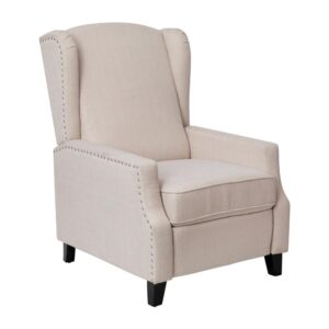 Old school tradition meets modern sophistication in this newly designed slim silhouette push back recliner. Featuring cream polyester fabric upholstery
