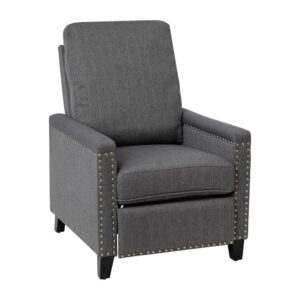 Modern sensibilities abound in the fresh design of this push back reclining chair. Neutral gray polyester fabric upholstery