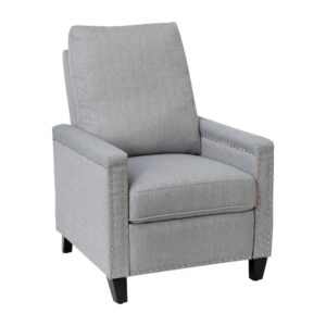 Modern sensibilities abound in the fresh design of this push back reclining chair. Neutral light gray polyester fabric upholstery