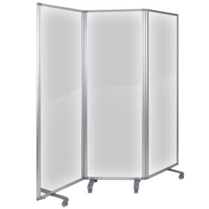 wipe down with a neutral detergent. The extra-wide safety partition offers the perfect dividing space in between cubicles and open offices without obstructing views. The mobile partition can be easily moved from room to room and locked into place with locking casters. When you cannot create distances of 6 feet or wider a room divider is your best and safest choice.