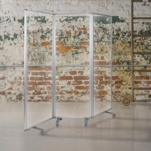 Improve safety and shield your staff and guests against airborne contaminants and viruses with a room divider. The clear room divider allows team members to see each other clearly to continue routine interactions. Acrylic dividers are easier to clean than vinyl wall kits due to their sturdy hard surface