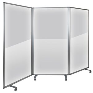 wipe down with a neutral detergent. The extra-wide safety partition offers the perfect dividing space in between cubicles and open offices without obstructing views. The mobile partition can be easily moved from room to room and locked into place with locking casters. When you cannot create distances of 6 feet or wider a room divider is your best and safest choice.