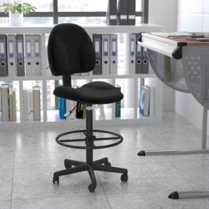 If you sit for long hours throughout the day you may benefit from this black fabric upholstered drafting chair. Draft chairs are essential for any profession where work surfaces are above standard height