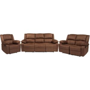 The days of fighting over the recliner are over with this 3 piece reclining furniture set. The contemporary brown reclining set
