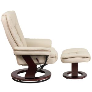 a book or just some down time than in a recliner. This beige set features thickly padded arms and tastefully exposed wood frames. This uniquely designed recliner features a ball-bearing swivel base that makes turning from one conversation to another effortless. This set is not only perfect in the home