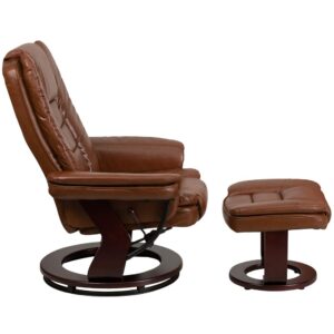 a book or just some down time than in a recliner. This vintage brown set features thickly padded arms and tastefully exposed wood frames. This uniquely designed recliner features a ball-bearing swivel base that makes turning from one conversation to another effortless. This set is not only perfect in the home