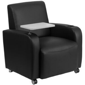 Welcome your visitors and colleagues with this black LeatherSoft guest chair with tablet arm. The chair has a plush seat with foam padding and features a tablet arm for working on a laptop or completing paperwork. The tablet arm swings a full 360 degrees to position it at the ideal angle. A built-in cup holder keeps hands free for writing or typing while minimizing the possibility for spills. Easily move this chair by lifting up the back and rolling it on the two front wheel swivel casters. Sturdy