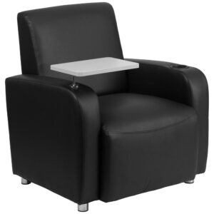 Welcome your visitors and colleagues with this black LeatherSoft guest chair with tablet arm. The chair has a plush seat with foam padding and features a tablet arm for working on a laptop or completing paperwork. The tablet arm swings a full 360 degrees to position it at the ideal angle. A built-in cup holder keeps hands free for writing or typing while minimizing the possibility for spills. Sturdy