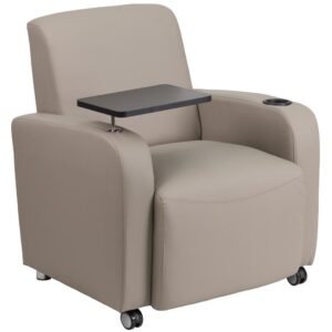 Welcome your visitors and colleagues with this gray LeatherSoft guest chair with tablet arm. The chair has a plush seat with foam padding and features a tablet arm for working on a laptop or completing paperwork. The tablet arm swings a full 360 degrees to position it at the ideal angle. A built-in cup holder keeps hands free for writing or typing while minimizing the possibility for spills. Easily move this chair by lifting up the back and rolling it on the two front wheel swivel casters. Sturdy