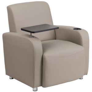 Welcome your visitors and colleagues with this gray LeatherSoft guest chair with tablet arm. The chair has a plush seat with foam padding and features a tablet arm for working on a laptop or completing paperwork. The tablet arm swings a full 360 degrees to position it at the ideal angle. A built-in cup holder keeps hands free for writing or typing while minimizing the possibility for spills. Sturdy