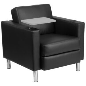 Welcome your visitors and colleagues with this black LeatherSoft guest chair with tablet arm. The chair has a plush seat with 3" of foam and features a tablet arm for working on a laptop or completing paperwork. The tablet arm swings a full 360 degrees to position it at the ideal angle. Two interchangeable rods easily adjust its height between 2.25" and 3.25" above the chair's arm. Simply lift the tablet and rod out of the spring-loaded recessed hole