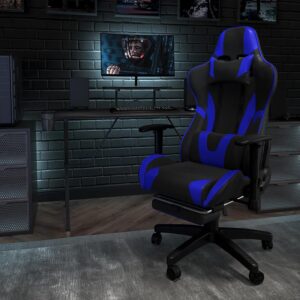 Have game day any time on your PC or with your console of choice when you own this blue racing gaming chair. Featuring a reclining back and covered in soft and durable LeatherSoft upholstery