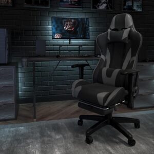 Have game day any time on your PC or with your console of choice when you own this gray racing gaming chair. Featuring a reclining back and covered in soft and durable LeatherSoft upholstery