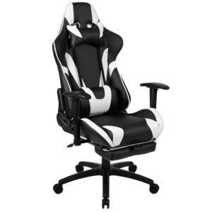 Surpass your game achievements when you are seated comfortably atop this racing gaming chair with extended footrest to properly elevate your feet. Designed to give you the ultimate gaming experience this computer game chair has a reclining back with adjustable lumbar support. If you need support