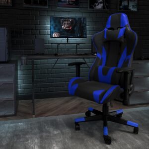 Have game day any time on your PC or with your console of choice when you own this blue racing gaming chair. Featuring a reclining back and slide-out footrest covered in soft and durable LeatherSoft upholstery