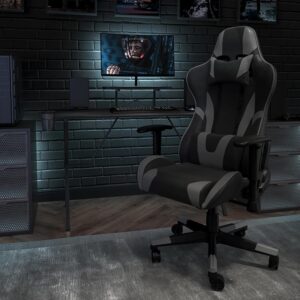 Have game day any time on your PC or with your console of choice when you own this gray racing gaming chair. Featuring a reclining back and slide-out footrest covered in soft and durable LeatherSoft upholstery