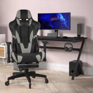 Sit back and play a while in this modern racing style game chair designed to give you ultimate comfort. This computer game chair has a reclining back with adjustable and removable lumbar support and headrest pillows as well as pivot arms
