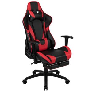 Surpass your game achievements when you are seated comfortably atop this racing gaming chair with extended footrest to properly elevate your feet. Designed to give you the ultimate gaming experience this computer game chair has a reclining back with adjustable lumbar support. If you need support